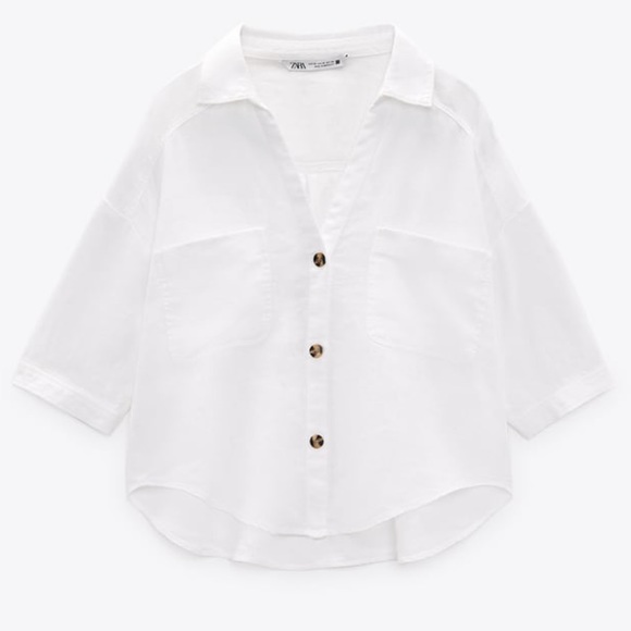 ZARA WHITE SHORT SLEEVE LINEN SHIRT - Picture 1 of 6